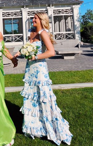 Clarisse 3800 Blue Floral Print A-Line Dress – Formalwear Outlet